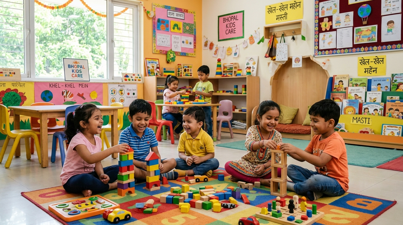 Happy Indian preschool children playing with blocks at Dreamy Duck Play School Bhopal